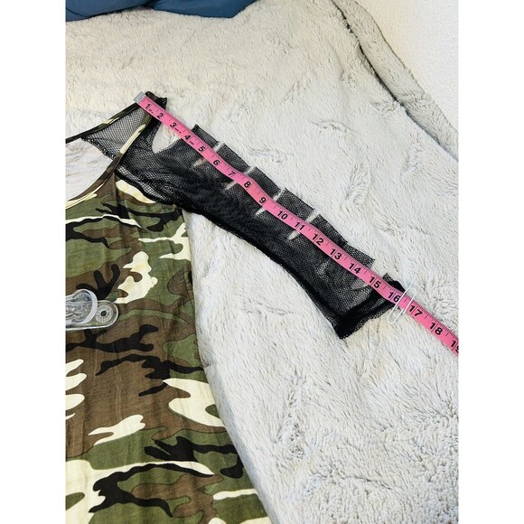 Toxic-Green/Brown-Body Con-Mini Camo Dress-with Distressed Mesh Sleeves-Lg.-Used - Picture 7 of 15